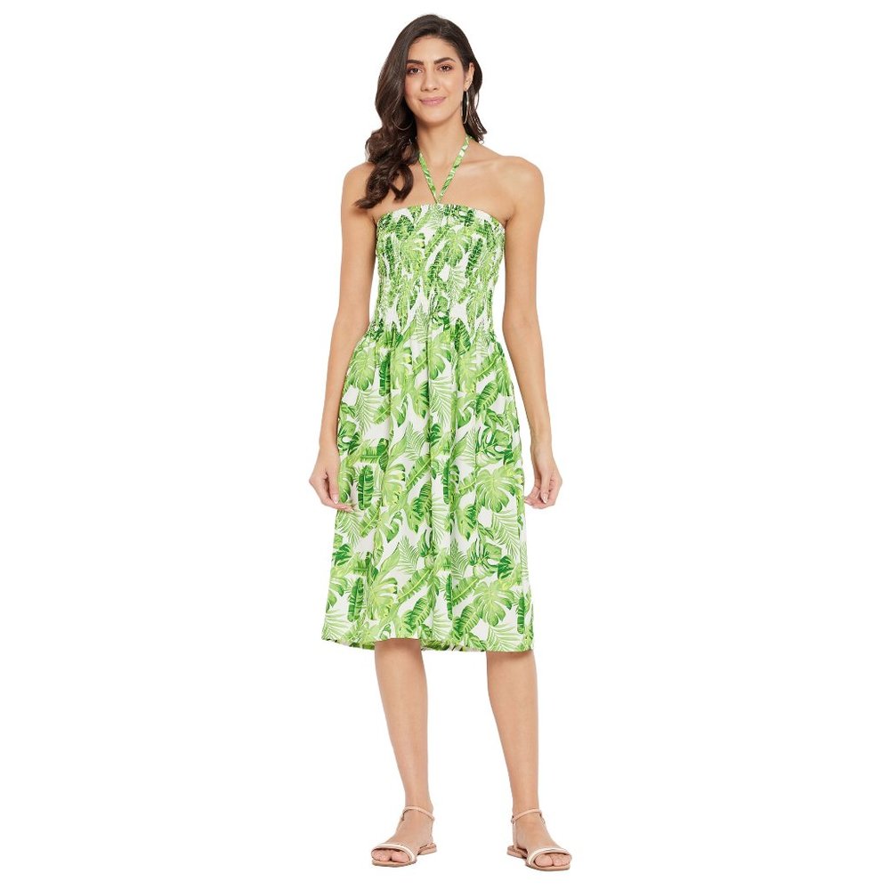 Tropical Leaf Print Green Polyester Tube Dress for Women